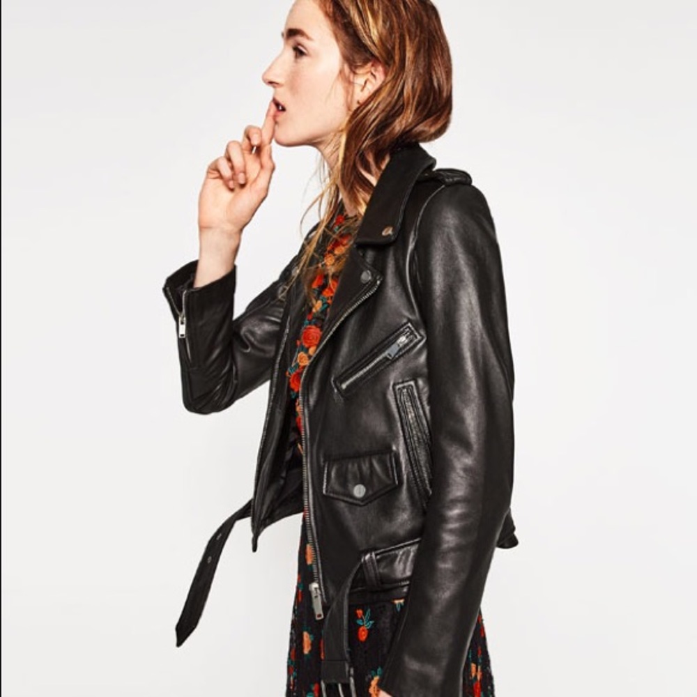SOLD! NWT Zara Black Leather Zippered Moto Jacket - Picture 4 of 7